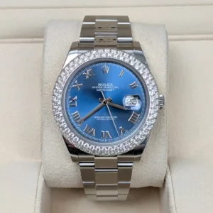 Rolex 126300 41mm Blue Roman Dial Aftermarket Diamond Bezel Oyster