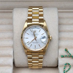 Rolex Day-Date 36mm 18238 Silver Stick Dial 18k Yellow Gold Watch