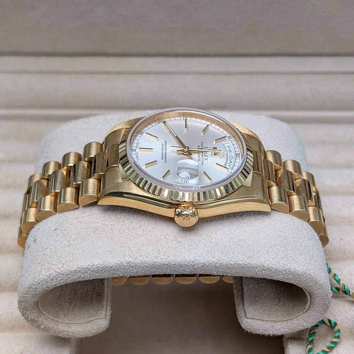 B3C6F57B-FDD2-4144-BF73-3FDB5F091731 Rolex Day-Date 36mm 18238 Silver Stick Dial 18k Yellow Gold Watch - Image 2